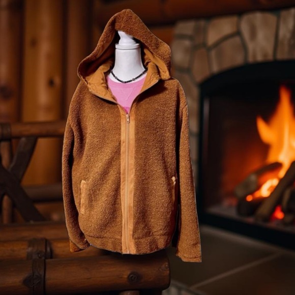 Sherpa Hooded Brown / Fleece Jacket fully lined zip up & pockets NWT Boutique - Picture 4 of 11